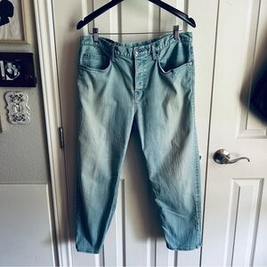 Helmut Lang blue light wash cropped quiet luxury jeans w/ attached belt